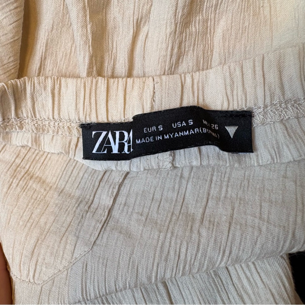 Zara Size S Beige Wide Leg Drawstring Crepe Pants Linen Blend Look - Picture 4 of 5